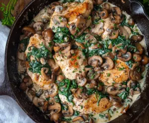 Delicious chicken mushroom spinach skillet dish served hot with fresh herbs.