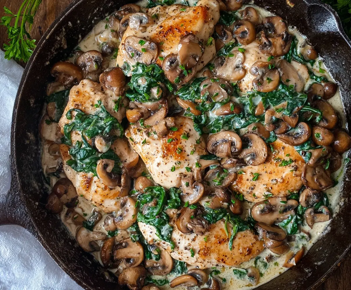Delicious chicken mushroom spinach skillet dish served hot with fresh herbs.