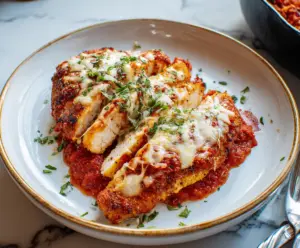 Delicious Chicken Parmesan with melted cheese and marinara sauce served over spaghetti