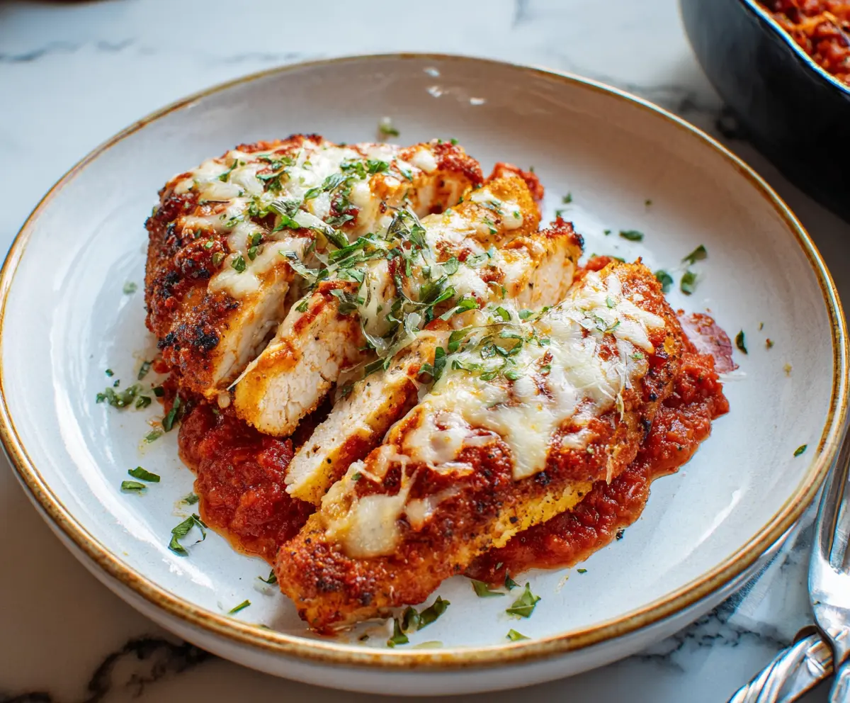 Delicious Chicken Parmesan with melted cheese and marinara sauce served over spaghetti