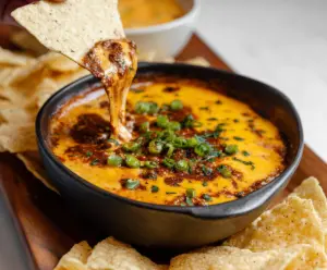 Delicious cheesy chili cheese dip with melted cheese and spicy chili peppers served in a bowl.