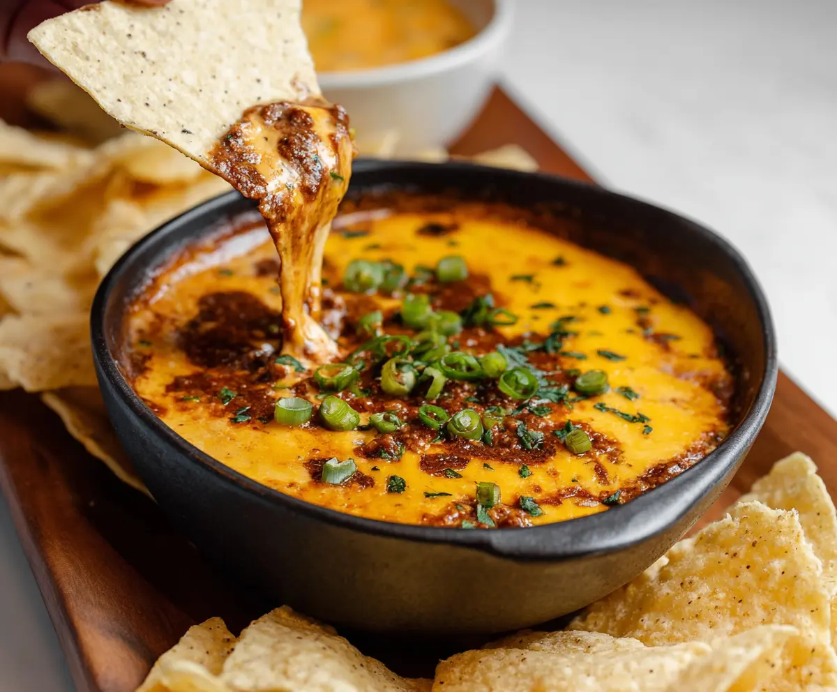 Delicious cheesy chili cheese dip with melted cheese and spicy chili peppers served in a bowl.