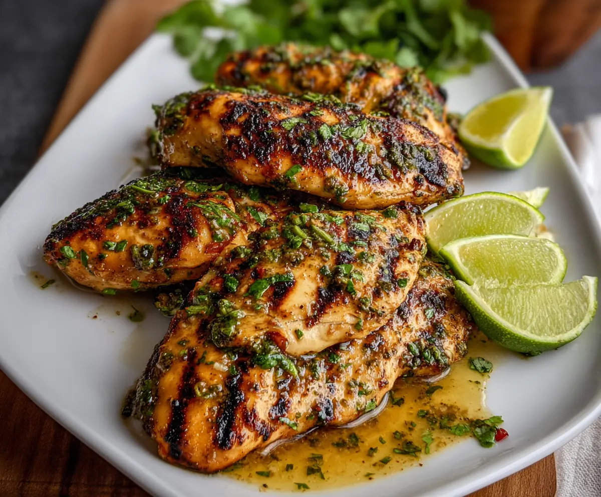 Juicy grilled chili lime chicken breasts garnished with fresh cilantro on a rustic wooden platter.