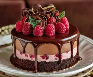 Delicious Chocolate Raspberry Mousse Cake with rich layers and glossy finish.