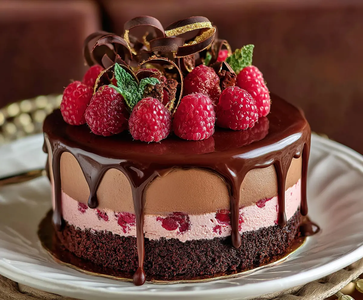 Delicious Chocolate Raspberry Mousse Cake with rich layers and glossy finish.