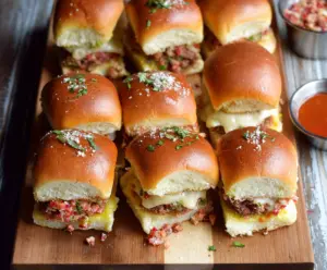 Delicious chopped Italian sliders with melted cheese, fresh herbs, and savory meats on a plate.