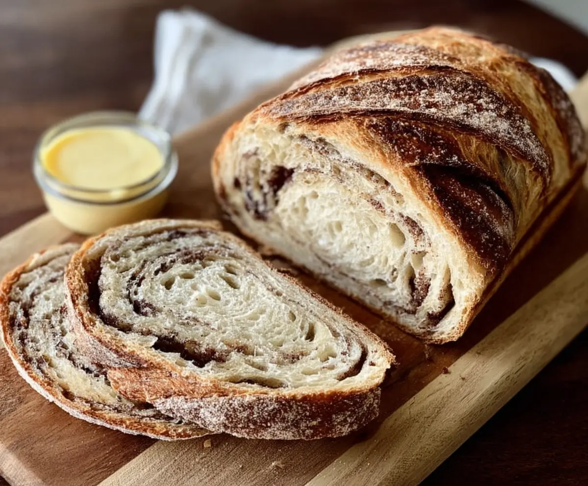 Freshly baked Cinnamon Sugar Swirl Sourdough Bread sliced showing its delicious cinnamon sugar pattern inside.