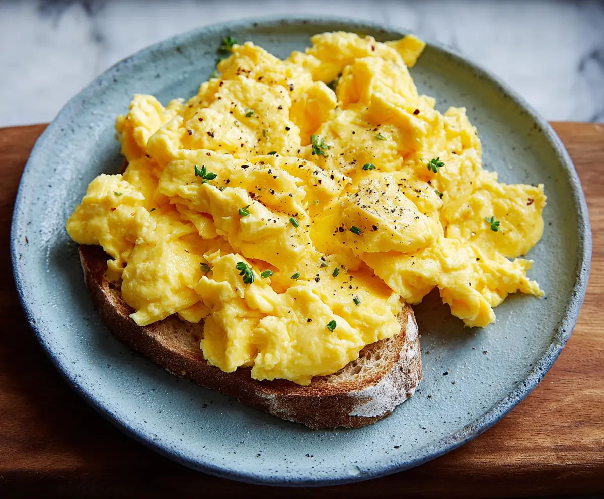Savory classic scrambled eggs served on a breakfast plate with herbs