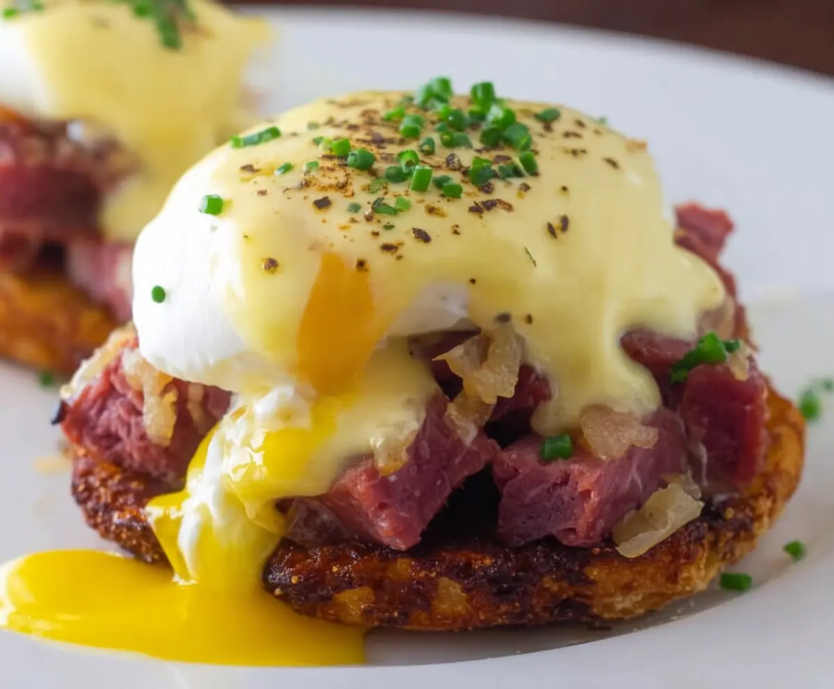 Delicious Corned Beef Hash Eggs Benedict served with crispy edges and rich hollandaise sauce
