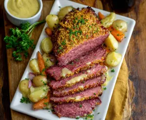 Delicious corned beef glazed with tangy mustard, perfect for a hearty meal.