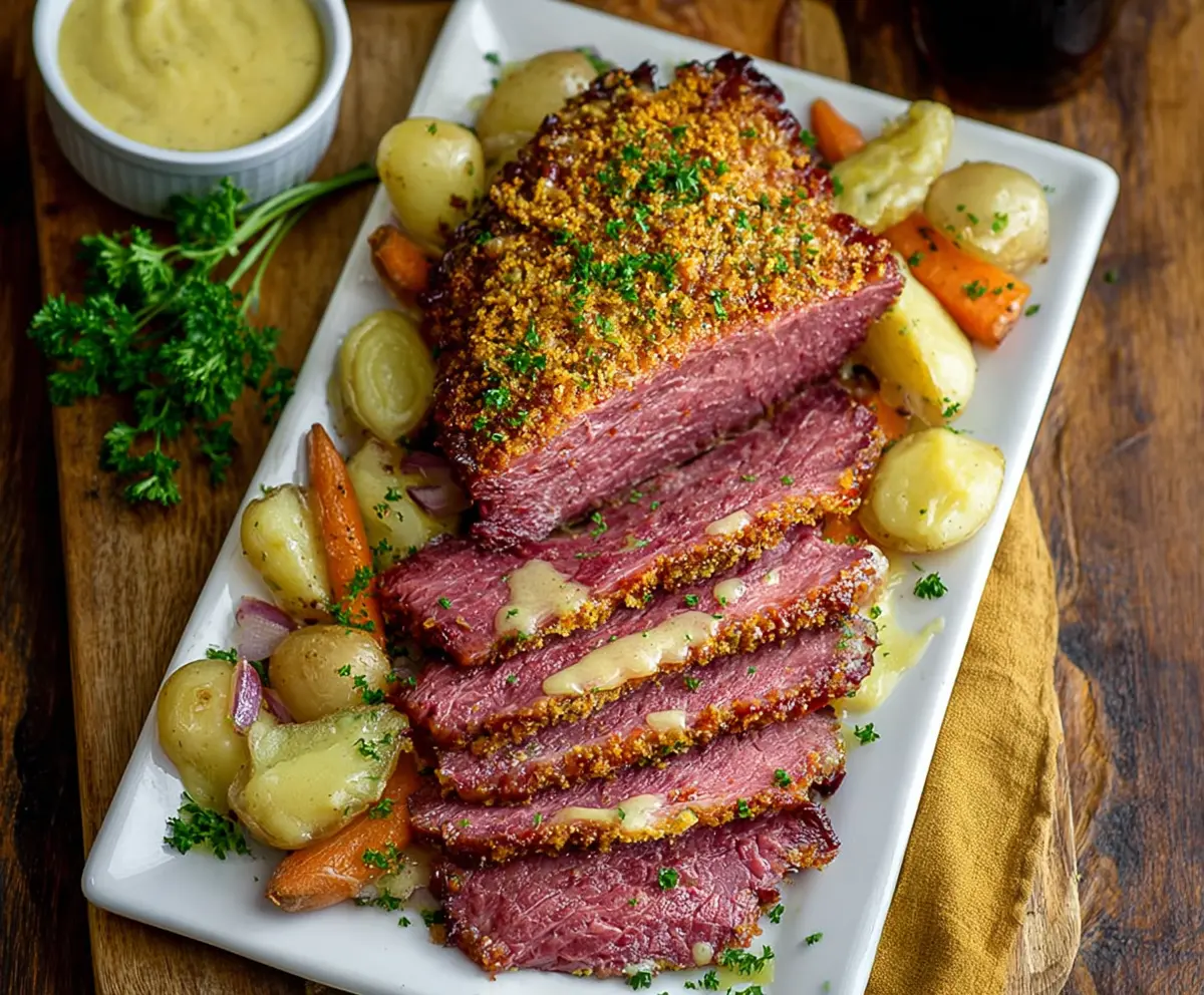 Delicious corned beef glazed with tangy mustard, perfect for a hearty meal.