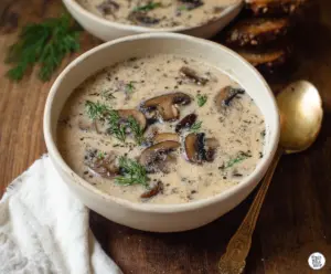 Creamy cottage cheese mushroom soup served in a bowl, garnished with fresh herbs.