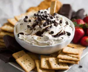 Cream Cheese Chocolate Chip Dip served with fruits and cookies for a delicious snack.