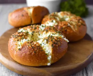 Cream cheese stuffed garlic bagels with a golden crust on a rustic wooden board.