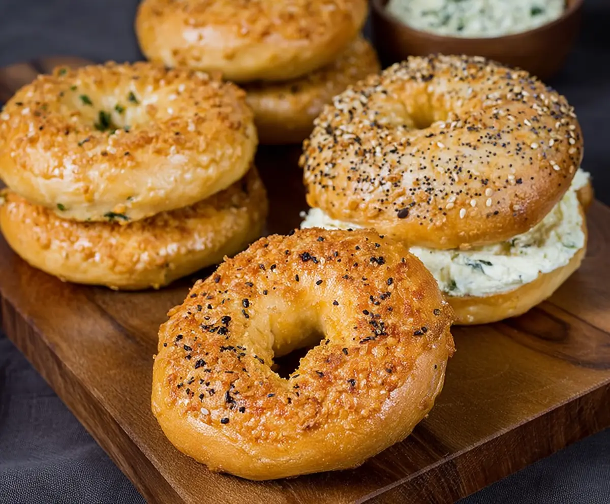 Delicious creamy cheddar bagels fresh out of the oven, perfect for breakfast or a snack.