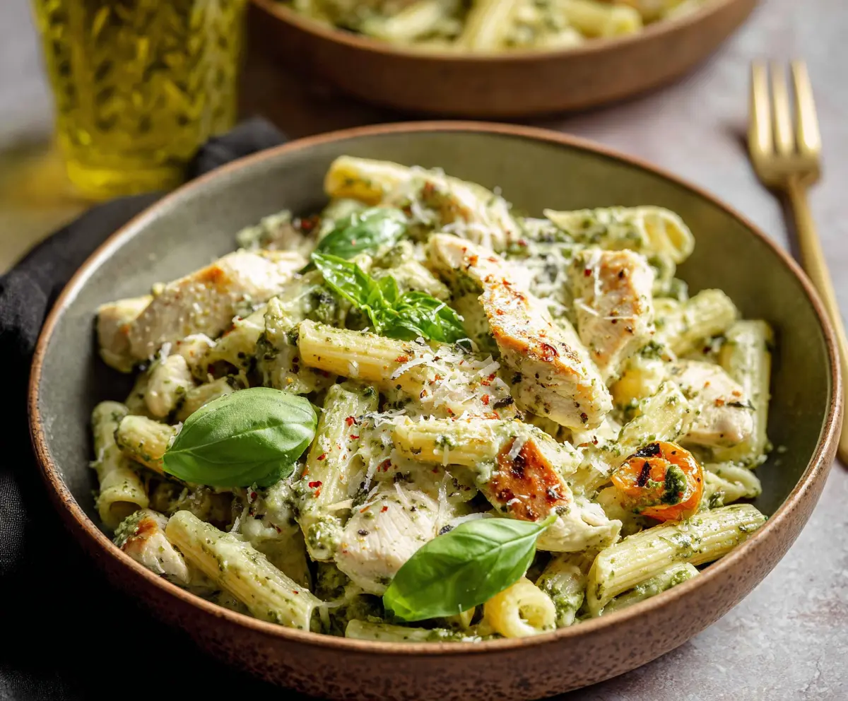 Delicious creamy chicken pesto pasta served in a bowl, garnished with fresh basil and Parmesan cheese.