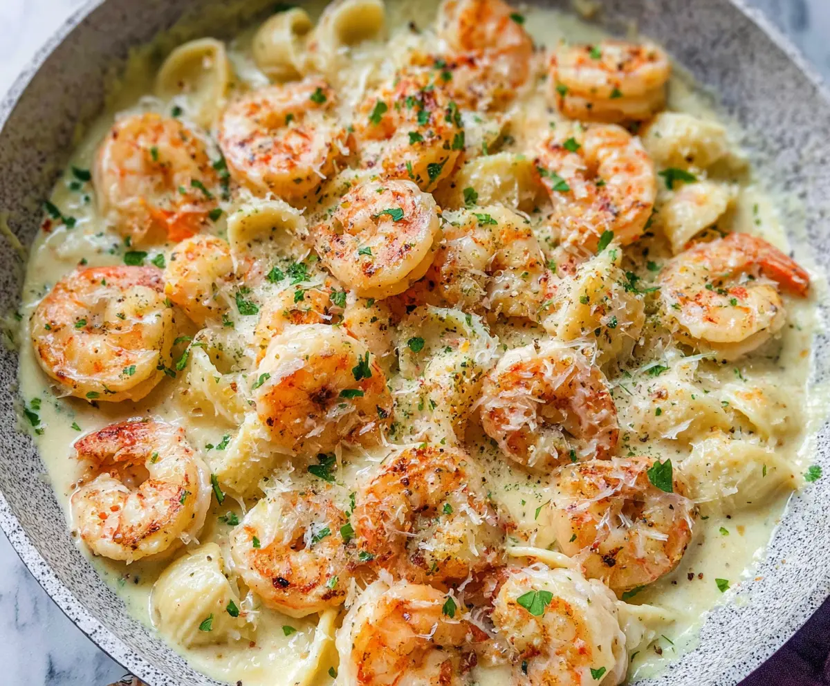 Creamy garlic parmesan shrimp pasta served in a white bowl with fresh herbs on top.