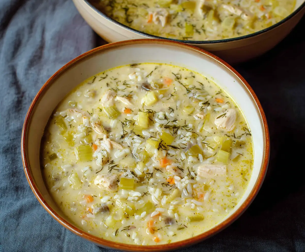 Creamy leek, chicken, and rice soup in a bowl, garnished with fresh herbs for a hearty, comforting meal.