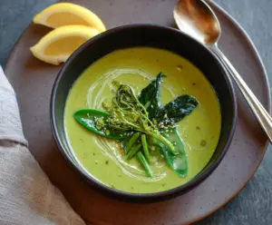 Delicious creamy spring greens soup served in a bowl, highlighting vibrant green vegetables and a smooth, velvety texture.