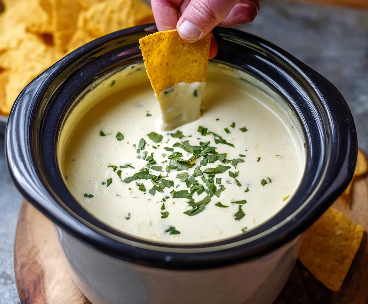 Creamy Crock Pot Queso Blanco Dip served with tortilla chips for a delicious appetizer.