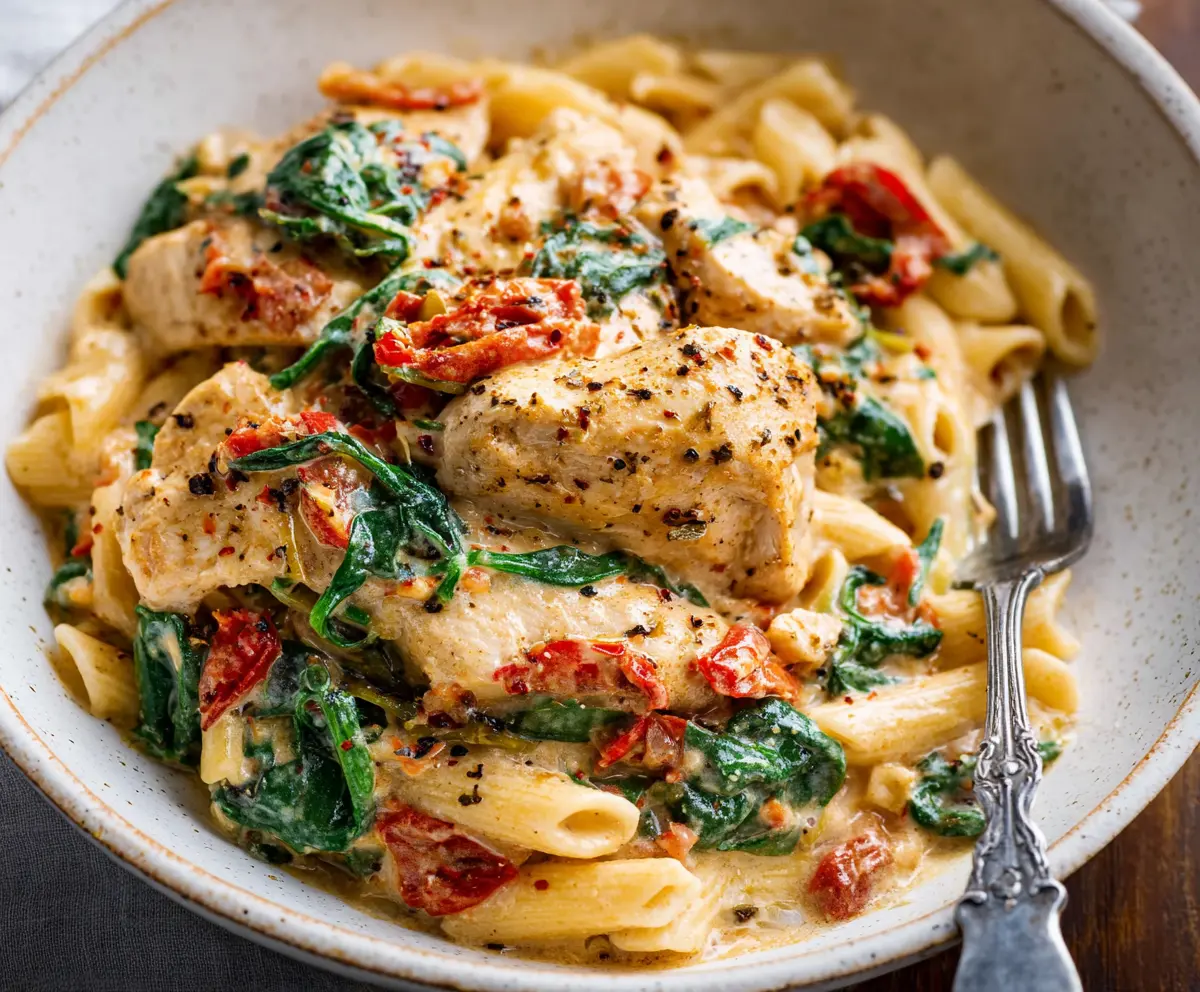 Creamy Crockpot Tuscan Chicken Pasta with spinach and cherry tomatoes in a white bowl.