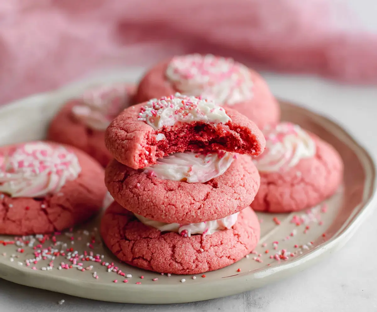 Delicious Crumbl Pink Velvet Cookies with creamy frosting and vibrant pink color