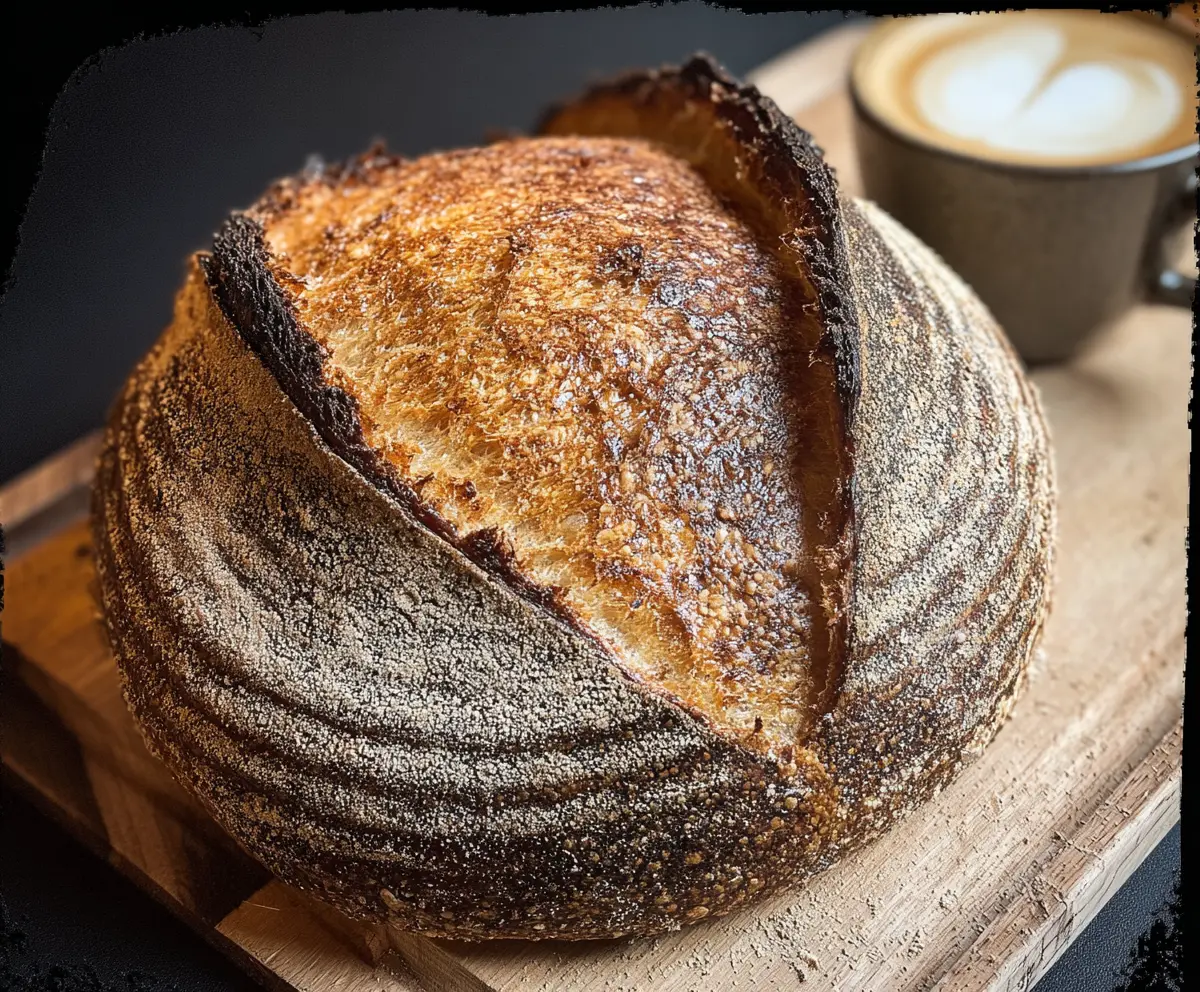 Slice of crusty sourdough bread served with coffee for breakfast.