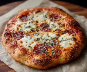 Delicious crusty sourdough pizza with bubbling cheese and fresh toppings on a rustic wooden table.