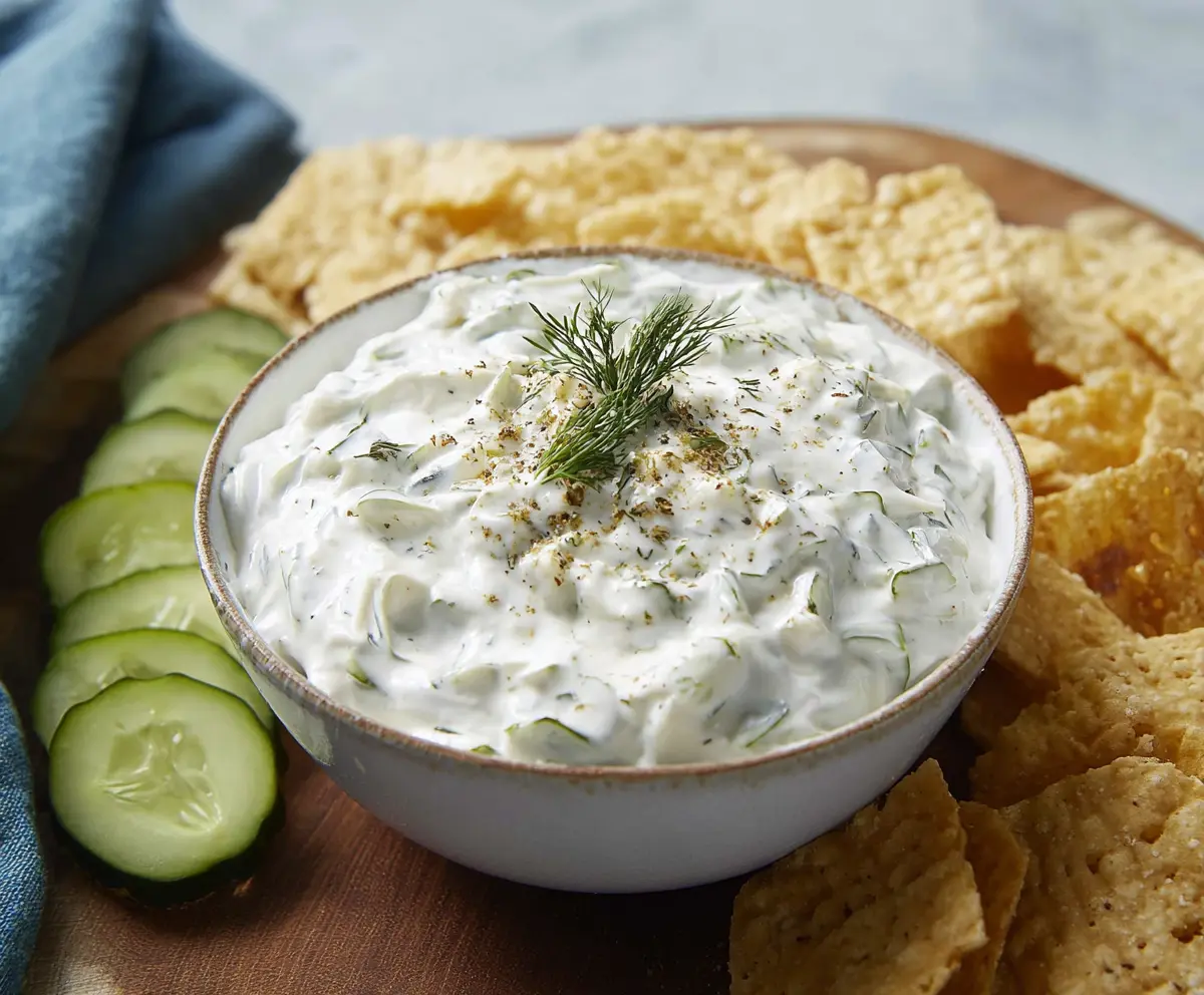 Creamy dill pickle dip served with fresh vegetables for a refreshing appetizer.