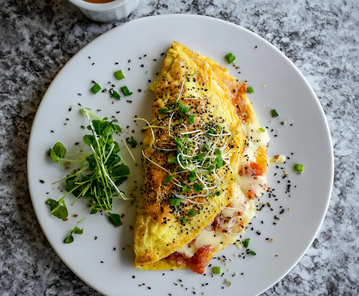 Delicious Everything Bagel Omelet with melted cheese and fresh herbs on a plate