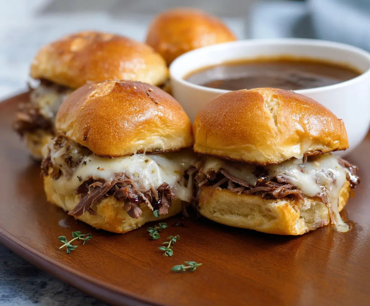 Delicious French Dip Sliders with tender roast beef and melted cheese on small sandwich buns.