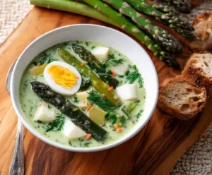 Delicious French Spring Soup served in a bowl with fresh vegetables and herbs.