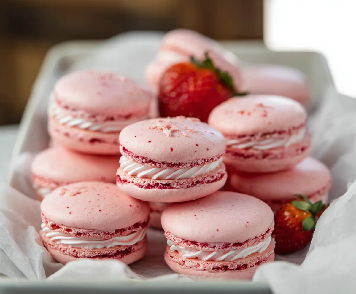 Delicious French strawberry macarons on a white plate, perfect for dessert lovers.