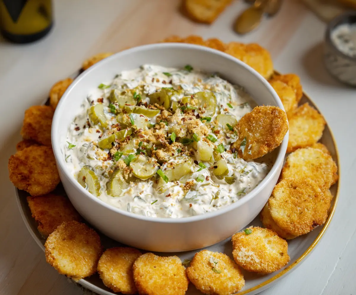 Creamy fried pickle dip served with crunchy chips, perfect for party appetizers.