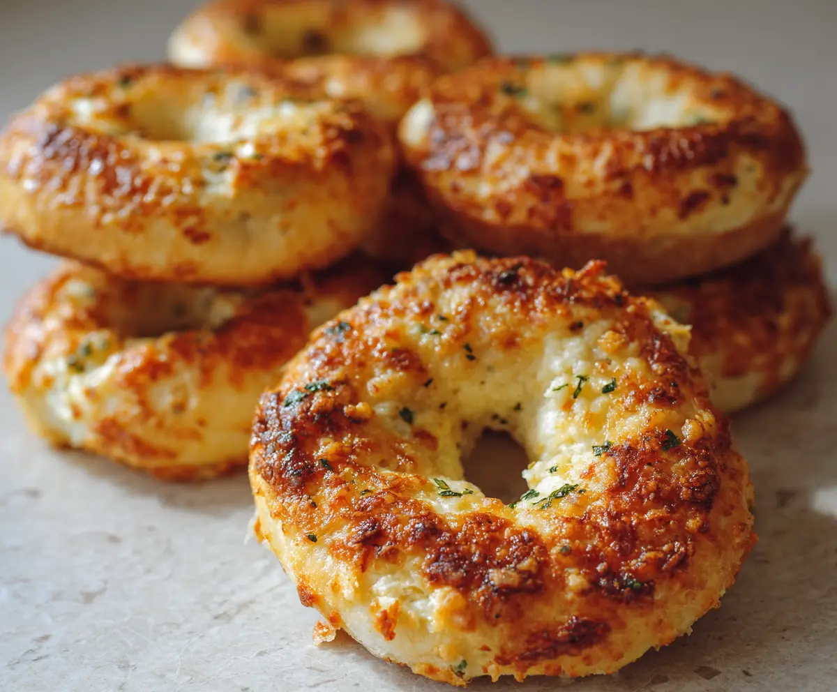 Close-up of homemade Garlic Parmesan Cottage Cheese Bagels on a baking tray, showcasing golden-brown crust and cheesy topping.