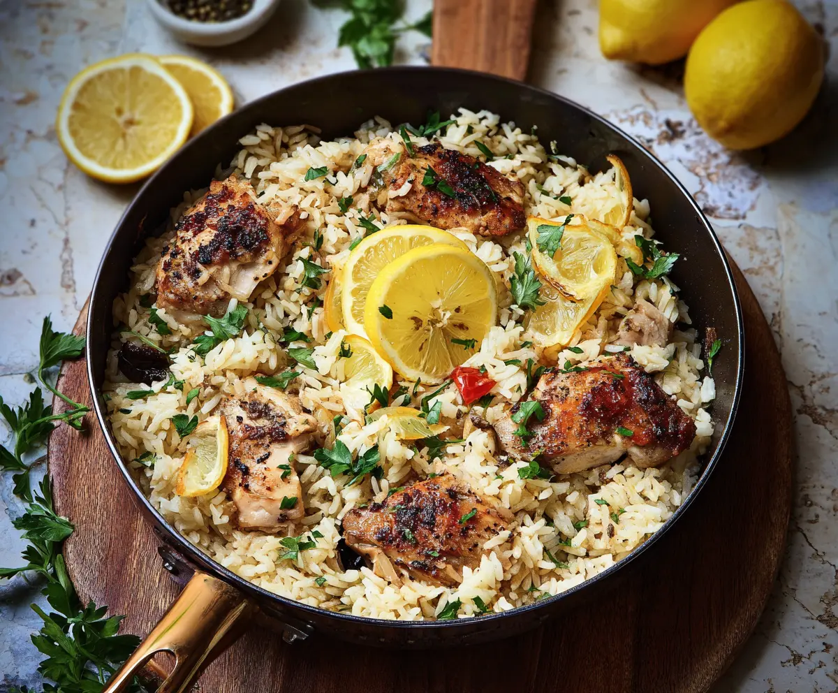 Delicious Greek Lemon Rice with savory chicken, perfect for a flavorful meal.