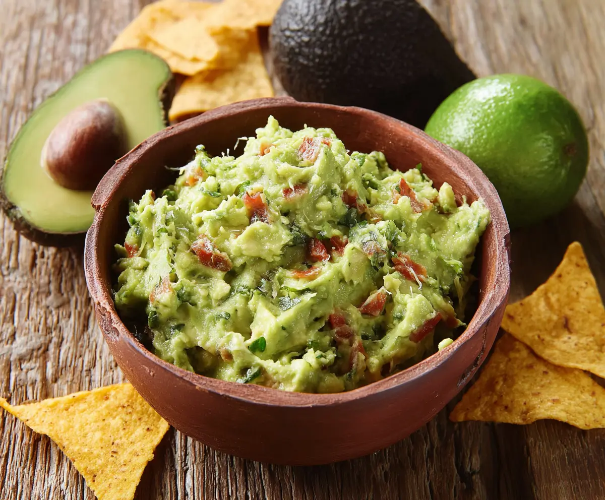 Creamy homemade guacamole with ripe avocados and fresh ingredients.