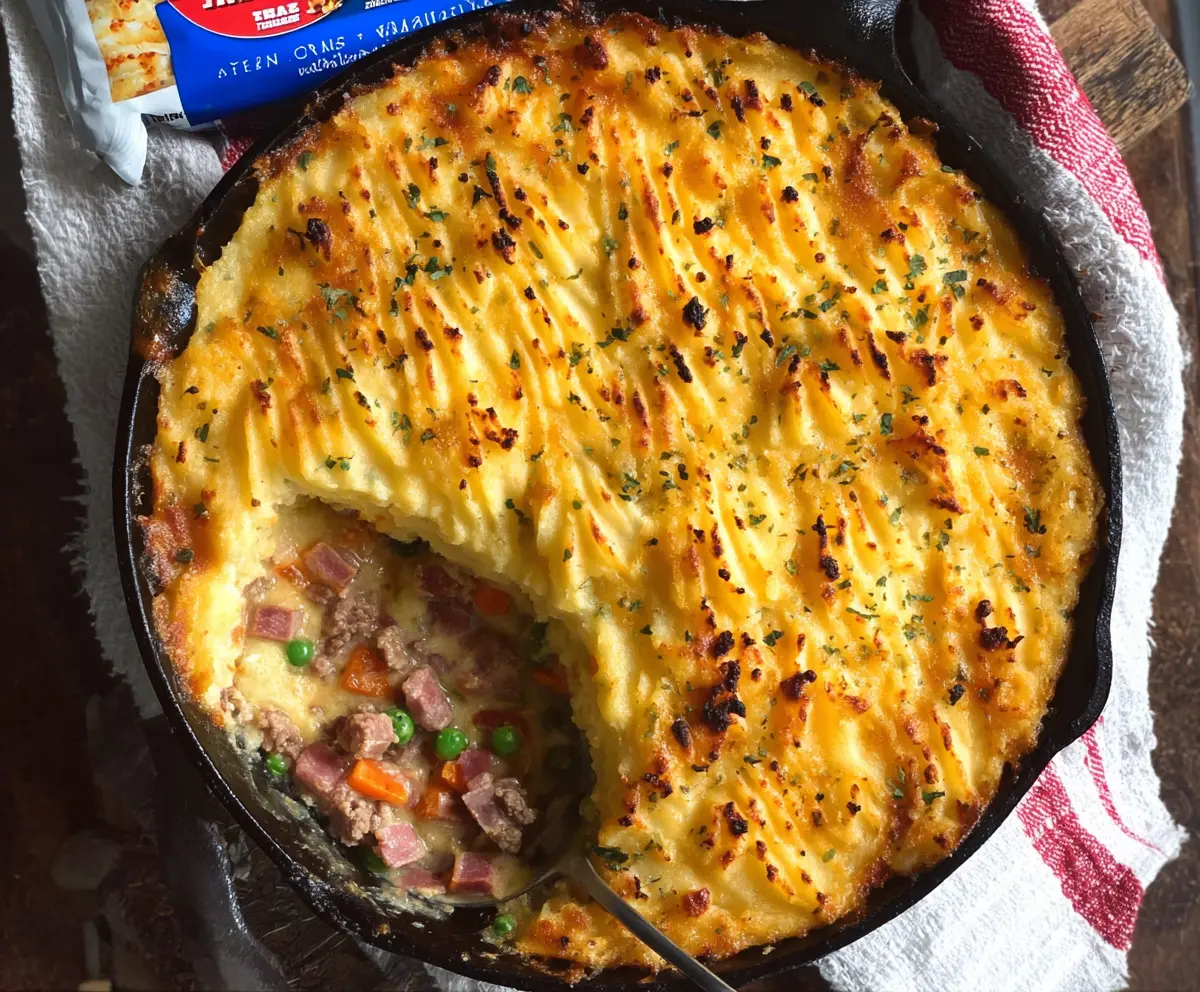 Delicious homemade Ham Shepherd's Pie topped with mashed potatoes and crispy edges.