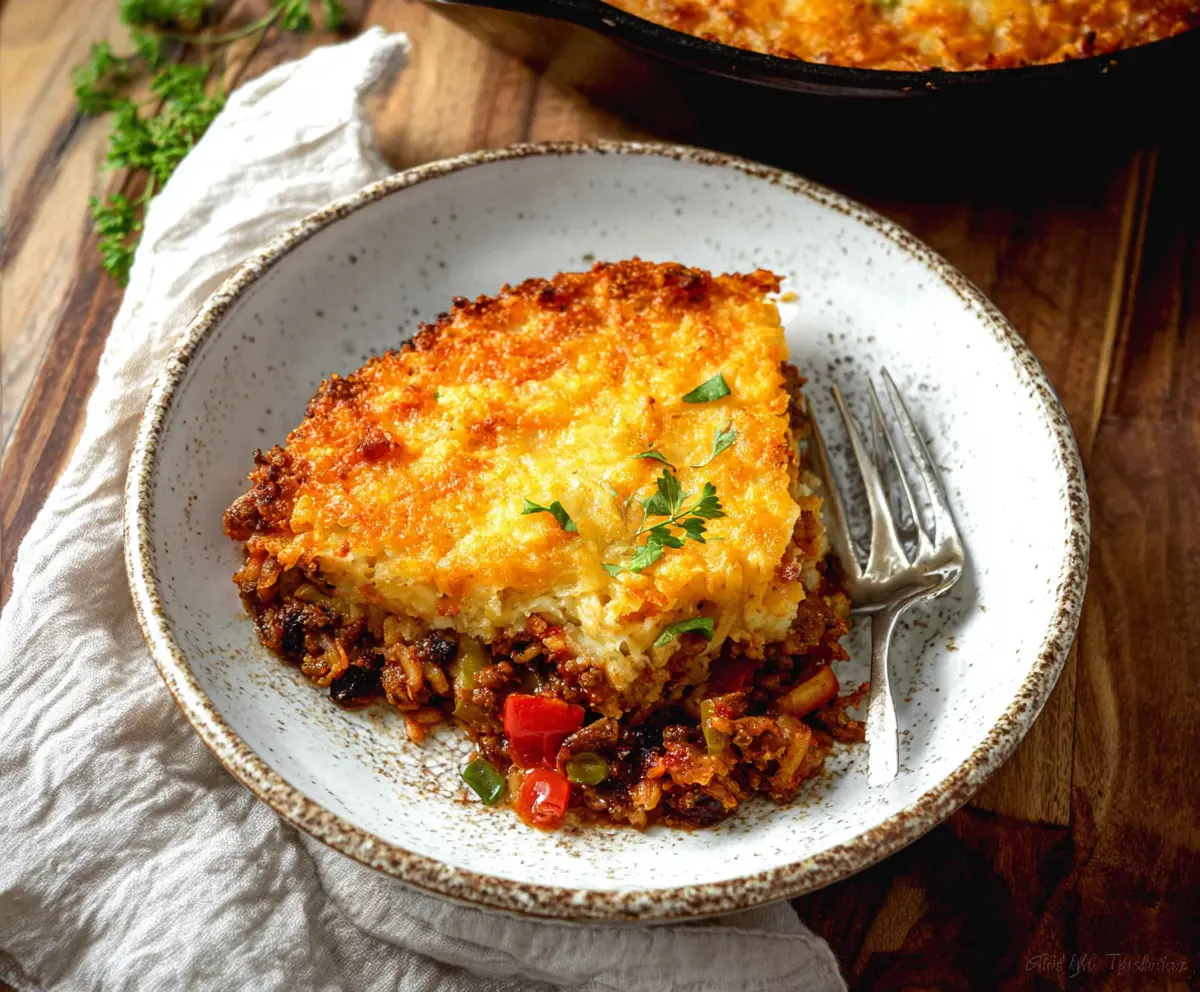 Delicious Hash Brown Shepherd's Pie with golden crispy topping and savory meat filling