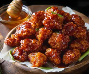 Crunchy honey BBQ popcorn chicken served as a savory appetizer