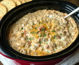 Creamy hot ranch sausage dip served with crackers for a delicious appetizer.