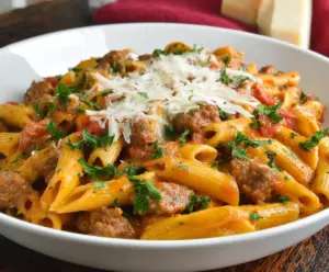 Creamy sausage pasta cooked in an Instant Pot with rich sauce and tender pasta.