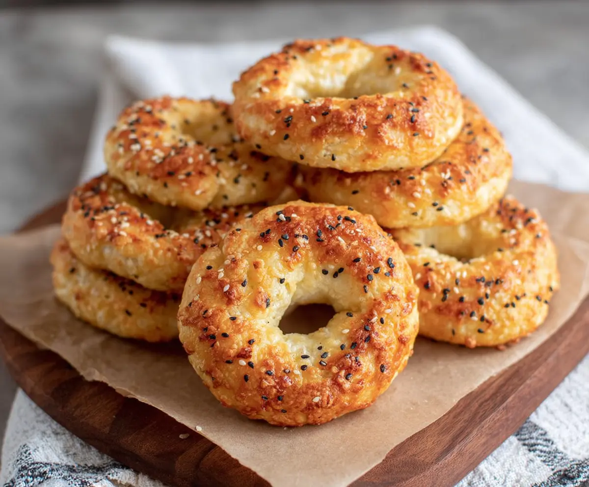 Keto cottage cheese bagels on a wooden board, crispy golden exterior, perfect for low-carb breakfast.