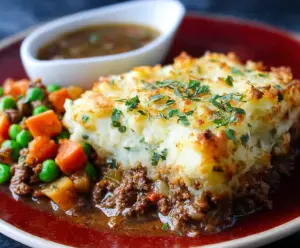 Delicious Lamb Shepherd's Pie with seasoned ground lamb, mashed potatoes, and savory gravy in a baking dish.