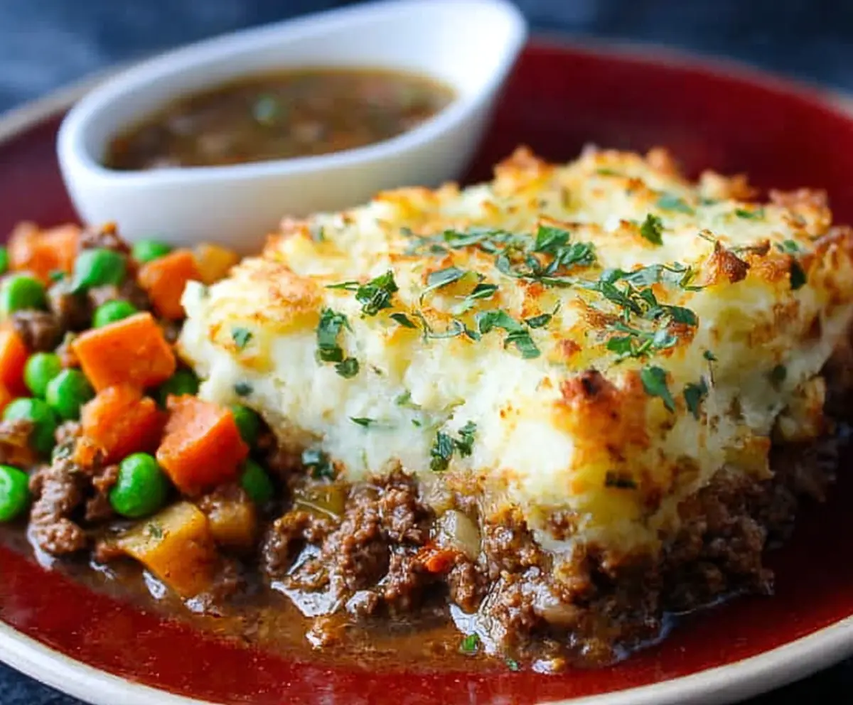 Delicious Lamb Shepherd's Pie with seasoned ground lamb, mashed potatoes, and savory gravy in a baking dish.
