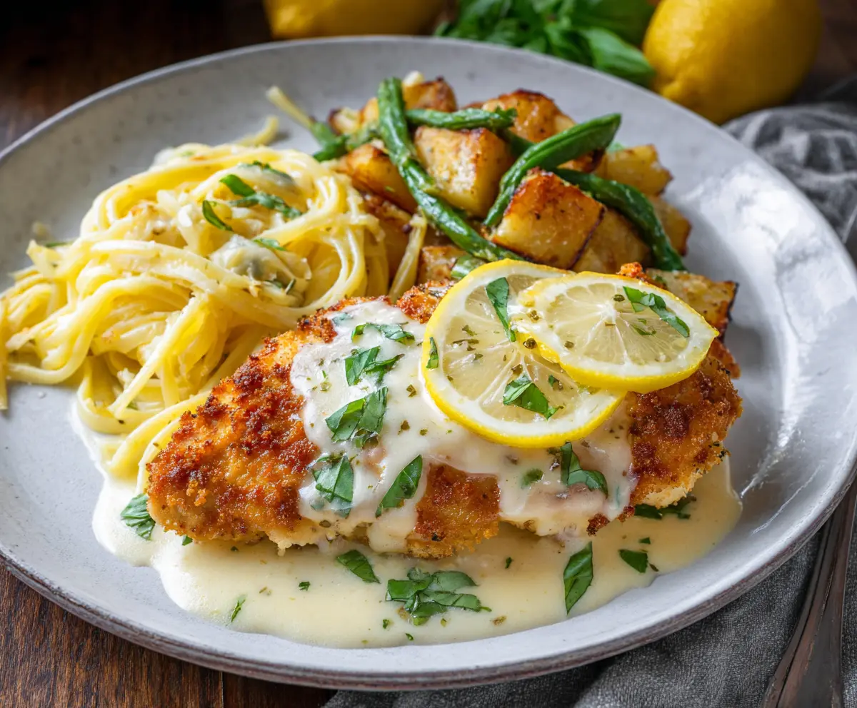 Delicious Lemon Chicken Romano served with fresh herbs and lemon slices on a white plate.