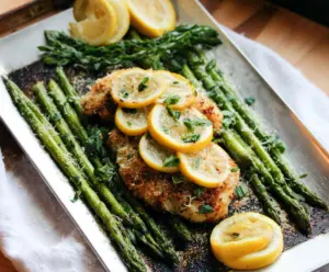 Juicy Lemon Parmesan Chicken served with fresh asparagus on a white plate.