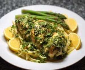 Juicy Lemon Pesto Chicken served with fresh herbs on a rustic plate.