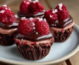 Delicious Raspberry Chocolate Mousse Cups topped with fresh raspberries and chocolate shavings.