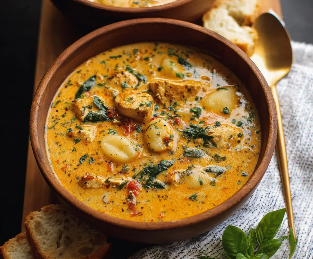 Creamy Tuscan Chicken Gnocchi Soup with fresh herbs and tender chicken pieces in a savory broth.